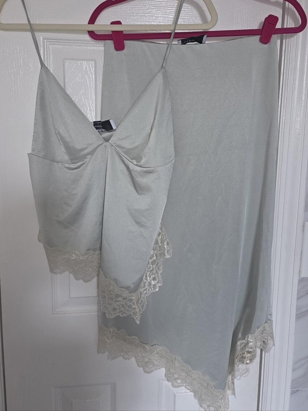 Satin Lace-Trim Camisole & Slip Skirt Set - Light Mint Green